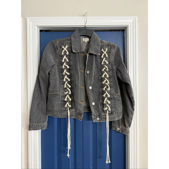 POL Washed Black/Grey Denim Laced Up Jacket Size S NEW - Picture 1 of 5